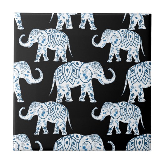 Blauw en wit olifant patroon tegeltje (Voorkant)