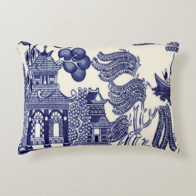 Blauw en Wit Oosters Chinoiserie Accent Kussen (Voorkant)