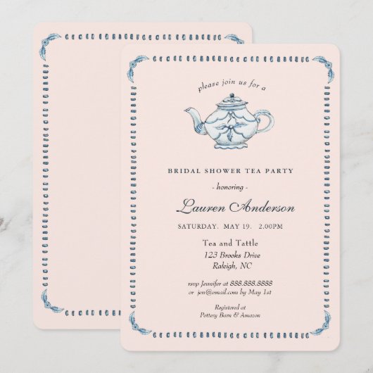 Blauw en wit op Blush Vrijgezellenfeest van theepo Kaart (Voorkant / Achterkant)