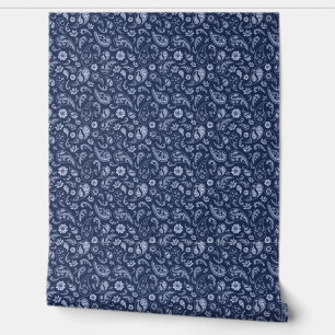 Blauw en Wit Paisley Print Pattern Behang
