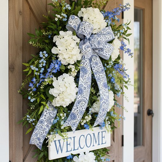 Blauw en wit paisley satijnen lint
