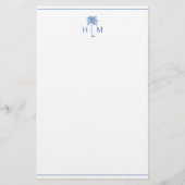 Blauw en Wit Palm Palmetto Boom Monogram Briefpapier (Voorkant)