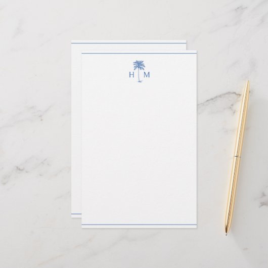 Blauw en Wit Palm Palmetto Boom Monogram Briefpapier (Voorkant / Achterkant in situ)