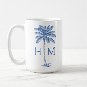 Blauw en Wit Palm Palmetto Boom Monogram Koffiemok