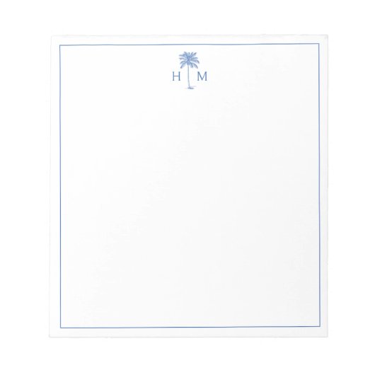 Blauw en Wit Palm Palmetto Boom Monogram Notitieblok (Voorkant)