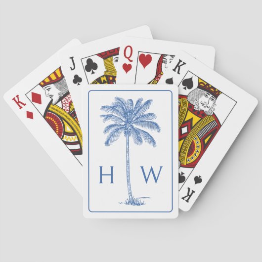 Blauw en Wit Palm Palmetto Boom Monogram Pokerkaarten (Achterkant)