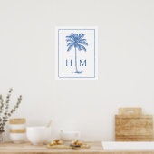 Blauw en Wit Palm Palmetto Boom Monogram Poster (Keuken)