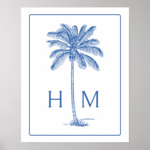 Blauw en Wit Palm Palmetto Boom Monogram Poster