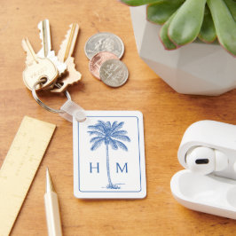 Blauw en Wit Palm Palmetto Boom Monogram Sleutelhanger