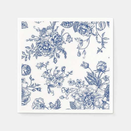 Blauw en wit  papier met bloemenprint servet (Voorkant)
