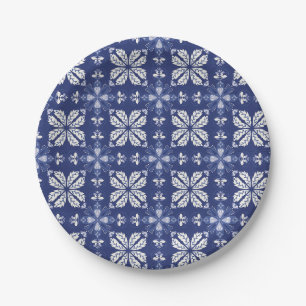 Blauw en wit papieren bord met ingewikkeld bloemmo
