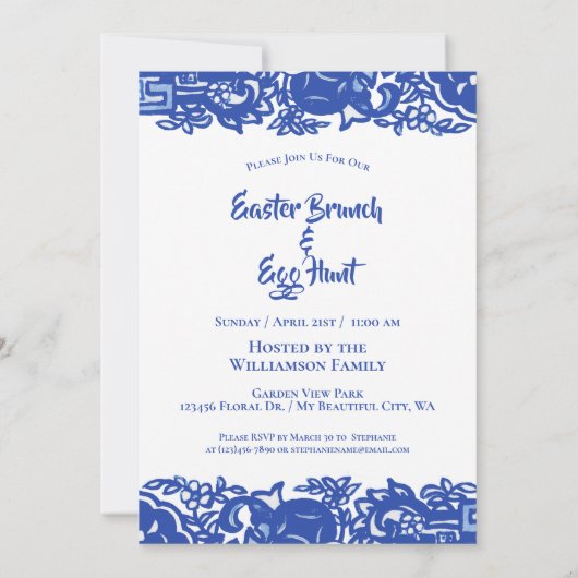 Blauw en wit Pasen Bunny Brunch Egg Hunt Kaart (Achterkant)