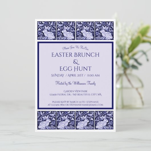  blauw en wit Pasen Bunny Brunch Egg Hunt Kaart (Staand voorkant)