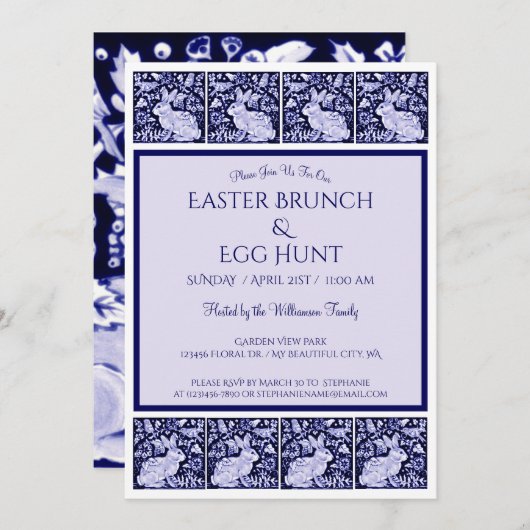 blauw en wit Pasen Bunny Brunch Egg Hunt Kaart (Voorkant / Achterkant)