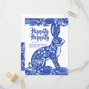 Blauw en wit Pasen Bunny Brunch Egg Hunt Uitnodiging Briefkaart