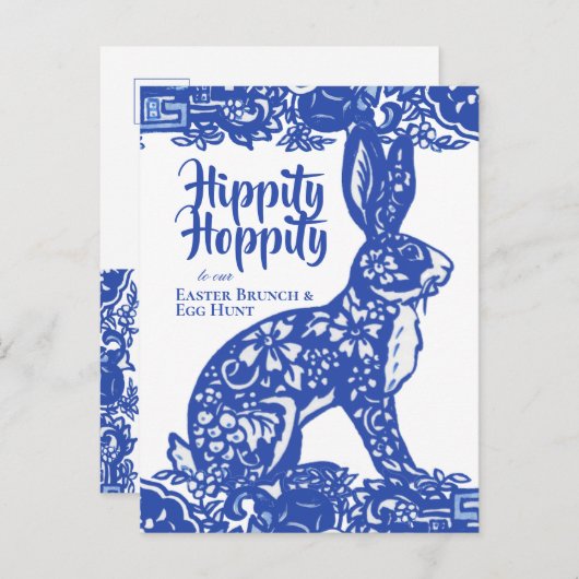 Blauw en wit Pasen Bunny Brunch Egg Hunt Uitnodiging Briefkaart (Voorkant / Achterkant)