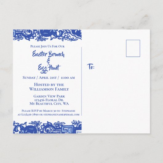Blauw en wit Pasen Bunny Brunch Egg Hunt Uitnodiging Briefkaart (Achterkant)