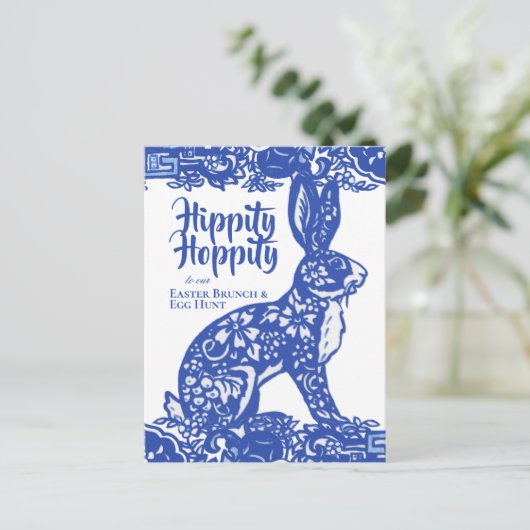 Blauw en wit Pasen Bunny Brunch Egg Hunt Uitnodiging Briefkaart (Staand voorkant)