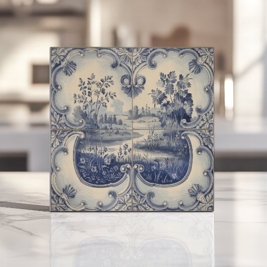 Blauw en wit pastoraal landschap tegeltje