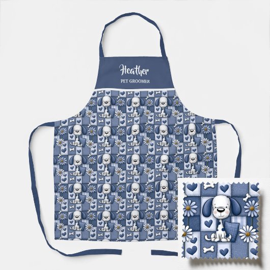 Blauw en Wit Patchwork Hond Patroon Huisdierverzor Schort