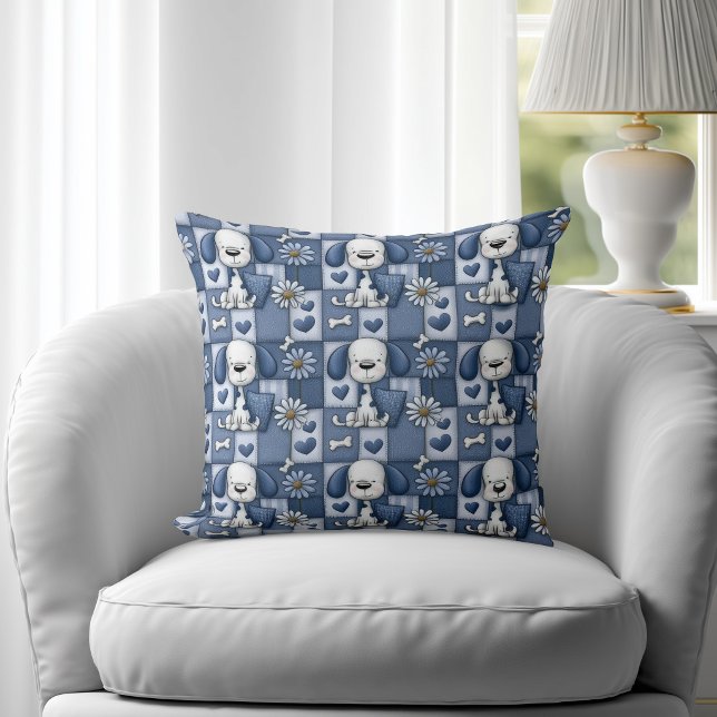 Blauw en Wit Patchwork Hond Patroon Kussen (Creator heeft geüpload)