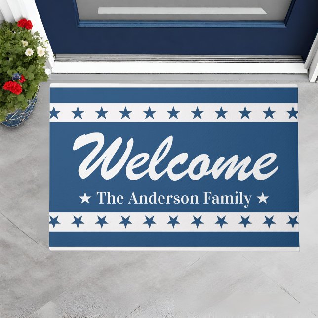 Blauw en Wit Patriottische Sterren Aangepaste Naam Deurmat (Blue and White Patriotic Stars Custom Name Welcome Doormat)