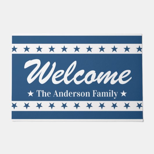 Blauw en Wit Patriottische Sterren Aangepaste Naam Deurmat (Voorkant)
