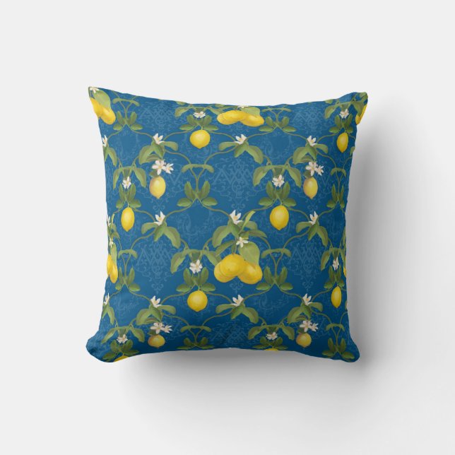 Blauw en wit Patroon Lemons Leaf Trellis Floral Kussen (Voorkant)