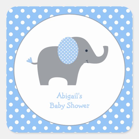 Blauw en wit Polka Dot Olifant Baby shower Squ Vierkante Sticker (Voorkant)