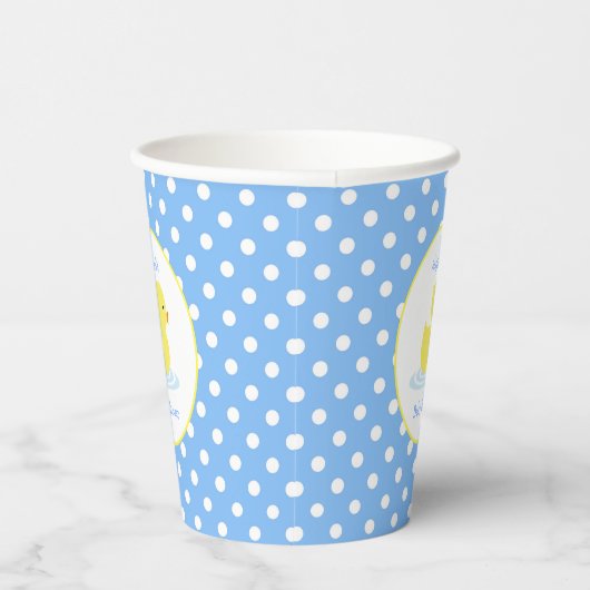 Blauw en wit Polka Dot Yellow Duck Baby shower Papieren Bekers (Rechts)