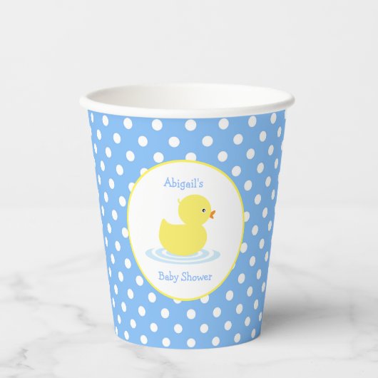 Blauw en wit Polka Dot Yellow Duck Baby shower Papieren Bekers (Voorkant)