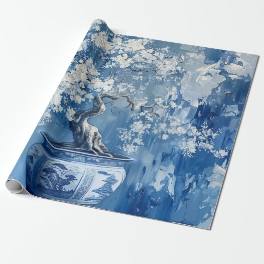 Blauw en wit Porselein China Chinoiserie Cherry Cadeaupapier (Uitgerold)