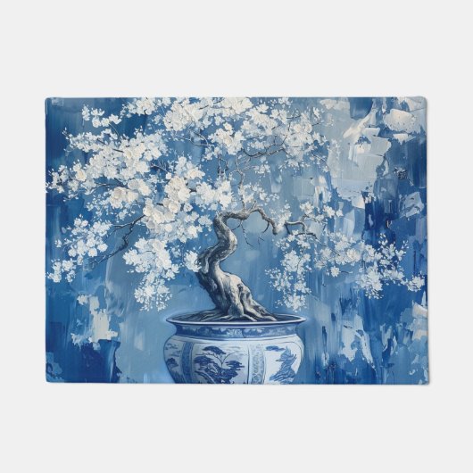 Blauw en wit Porselein China Chinoiserie Cherry Deurmat (Voorkant)