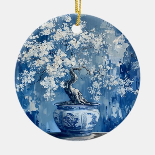 Blauw en wit Porselein China Chinoiserie Cherry Keramisch Ornament (Voorkant)