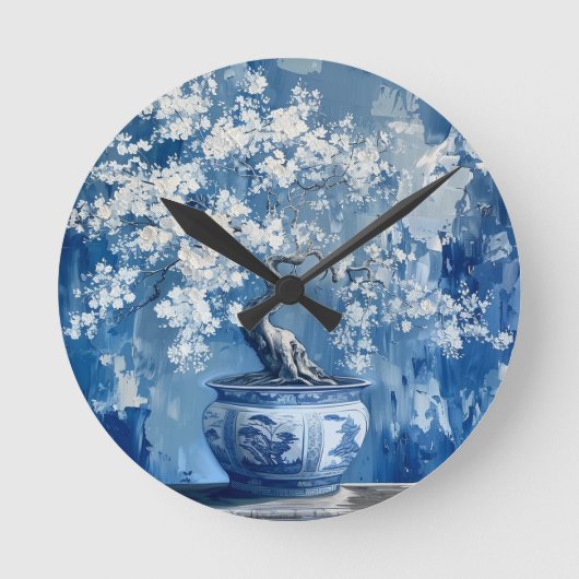 Blauw en wit Porselein China Chinoiserie Cherry Ronde Klok (Voorkant)