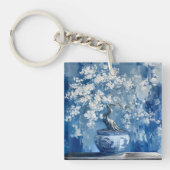 Blauw en wit Porselein China Chinoiserie Cherry Sleutelhanger (voorkant)