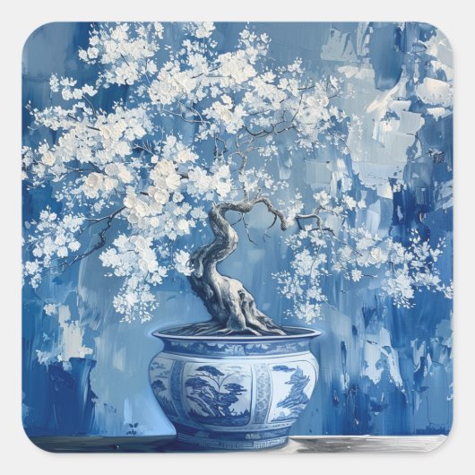 Blauw en wit porselein Chinees cherry  Vierkante Sticker (Voorkant)
