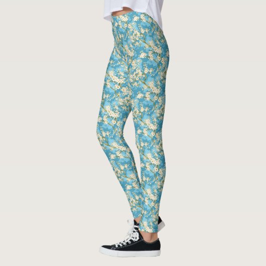 Blauw en wit Pruimenbloesempatroon Leggings (Links)