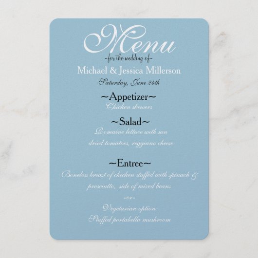 Blauw en Wit Quatrefoil Bruiloft Menu (Voorkant)