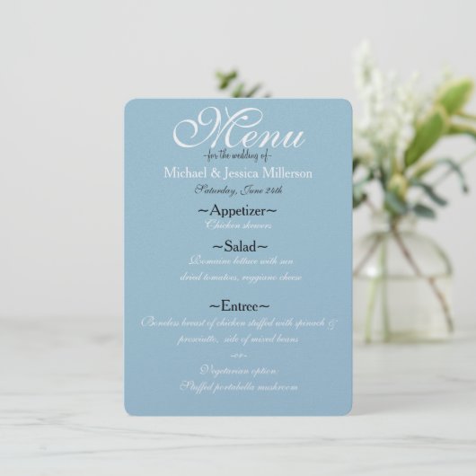 Blauw en Wit Quatrefoil Bruiloft Menu (Staand voorkant)