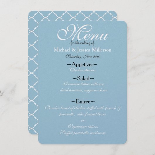 Blauw en Wit Quatrefoil Bruiloft Menu (Voorkant / Achterkant)