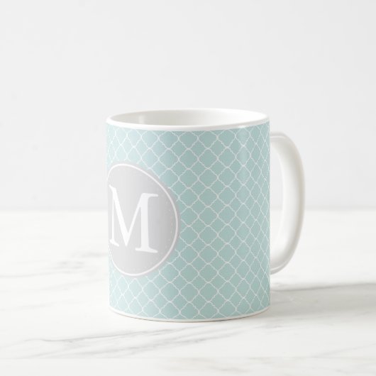 Blauw en Wit Quatrefoil Patroon Monogram Koffiemok (Voorkant rechts)