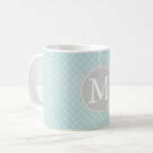 Blauw en Wit Quatrefoil Patroon Monogram Koffiemok (Voorkant links)