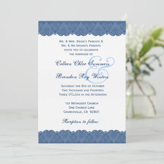 Blauw en wit ras Elegant Monogram Wedding R438 Kaart (Staand voorkant)