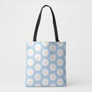 Blauw en wit Retro Daisy Pattern Tote Bag