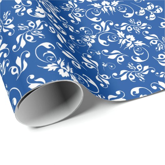 Blauw en wit  retro floreel patroon cadeaupapier (Rol Hoek)