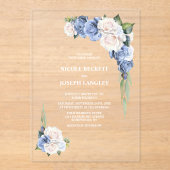 Blauw en wit Rose Bloemen bruiloft Acryl Uitnodigingen (Voorkant)