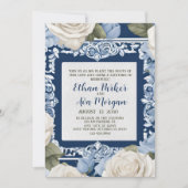 Blauw en Wit Rose Wedding Design Kaart (Voorkant)