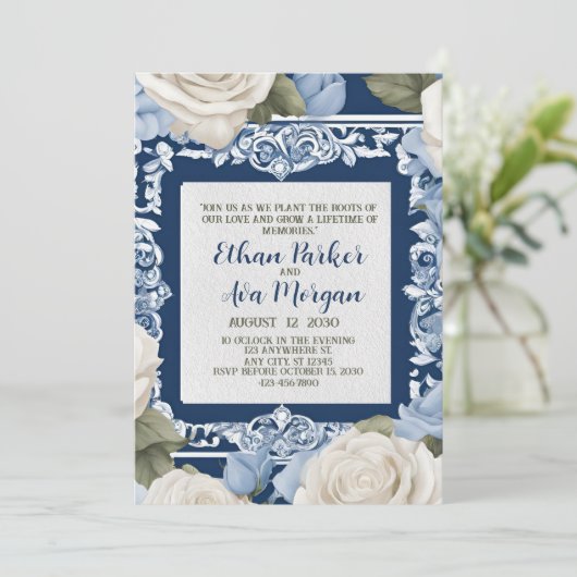 Blauw en Wit Rose Wedding Design Kaart (Staand voorkant)