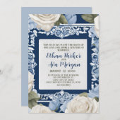 Blauw en Wit Rose Wedding Design Kaart (Voorkant / Achterkant)